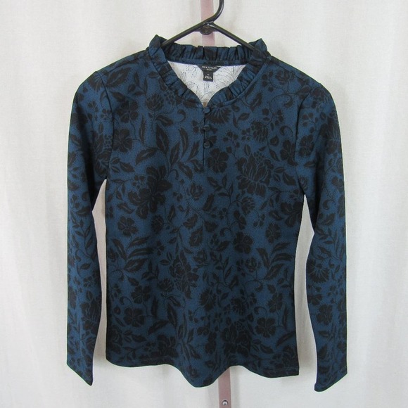 NWT Ann Taylor Petite Small Floral Ruffle Neck Top Midnight Spruce - Picture 3 of 8